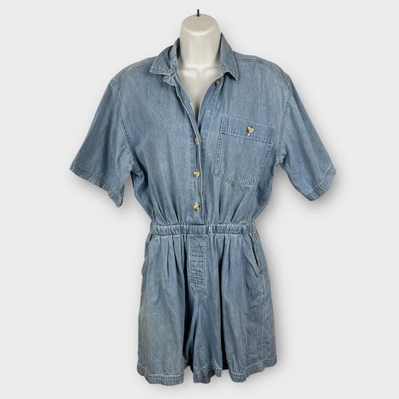 Denim Jean Romper One Piece Shorts 80s Vintage Medium Elastic Waist short sleeve - Picture 1 of 6